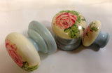 Pink cabbage rose on china blue base shabby chic handles wooden knobs drawer pulls bedside cabinet dressing table welsh dresser cottage chic