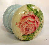 Pink cabbage rose on china blue base shabby chic handles wooden knobs drawer pulls bedside cabinet dressing table welsh dresser cottage chic