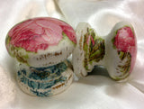 Vintage distressed pink cabbage rose aged wooden blue trim drawer pull bedside cabinet dressing table wardrobe handle shabby chic new knob
