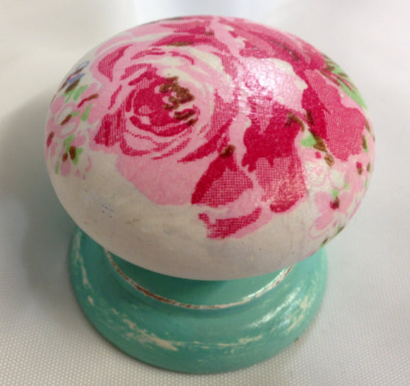 Large pink rose turquoise stem wooden cupboard knob handle drawer pull door wardrobe welsh dresser bedside cabinet dressing table bedroom