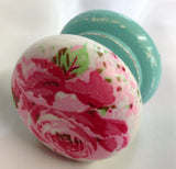 Large pink rose turquoise stem wooden cupboard knob handle drawer pull door wardrobe welsh dresser bedside cabinet dressing table bedroom