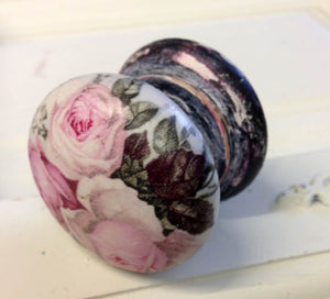 Lovely aged romantic shabby chic pink rose buds vintage retro black distressed Victorian  cupboard knob handle drawer pull dressing table