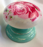 Large pink rose turquoise stem wooden cupboard knob handle drawer pull door wardrobe welsh dresser bedside cabinet dressing table bedroom