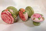 Pink cabbage rose on pale green base shabby chic handles wooden cupboard knobs bedside cabinet dressing table drawer pulls welsh dresser