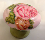 Pink cabbage rose on pale green base shabby chic handles wooden cupboard knobs bedside cabinet dressing table drawer pulls welsh dresser