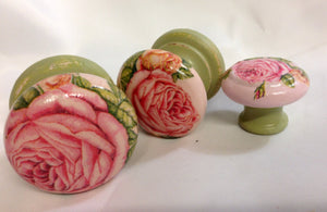 Pink cabbage rose on pale green base shabby chic handles wooden cupboard knobs bedside cabinet dressing table drawer pulls welsh dresser