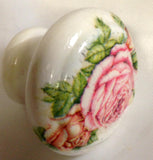 Pink cabbage rose white base floral shabby chic handle cupboard handle knob dressing table bedside cabinet wardrobe desk dining room kitchen