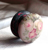 Lovely aged romantic shabby chic pink rose buds vintage retro black distressed Victorian  cupboard knob handle drawer pull dressing table