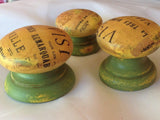 French ephemera ochre green distressed aged vintage handles cupboard wooden cabinet knobs drawer pulls dressing table wardrobe welsh dresser