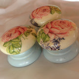 Pink cabbage rose on china blue base shabby chic handles wooden knobs drawer pulls bedside cabinet dressing table welsh dresser cottage chic