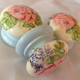 Pink cabbage rose on china blue base shabby chic handles wooden knobs drawer pulls bedside cabinet dressing table welsh dresser cottage chic