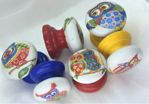 Children's cute owl baby white red blue yellow infant nursery changing unit bedroom cupboard knob handle drawer pull dressing table wardrobe