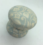 Soft pale blue patterned floral cream wooden wood handle shabby chic cupboard knob drawer pull bedside cabinet dressing table welsh dresser