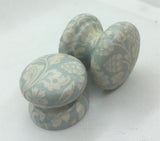 Soft pale blue patterned floral cream wooden wood handle shabby chic cupboard knob drawer pull bedside cabinet dressing table welsh dresser