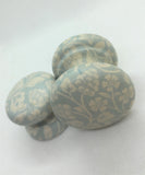 Soft pale blue patterned floral cream wooden wood handle shabby chic cupboard knob drawer pull bedside cabinet dressing table welsh dresser