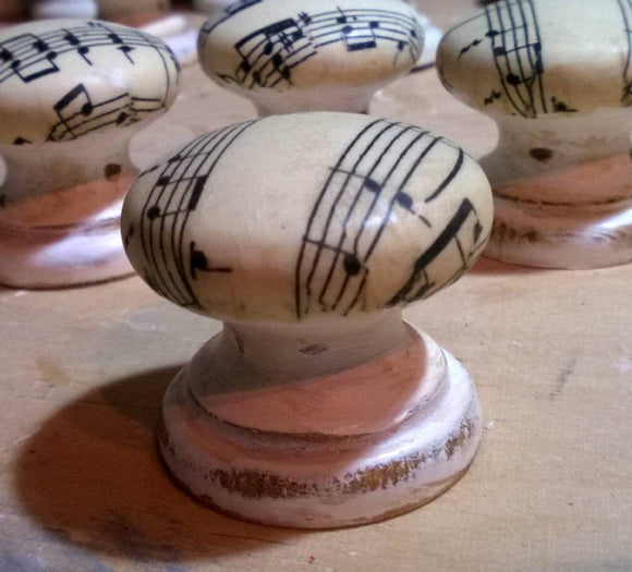 Sheet music musical notes vintage aged handle white cream cupboard knobs handles drawer pull bedside cabinet dressing table welsh dresser