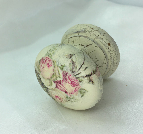 Lovely aged cream romantic shabby chic pink rose buds vintage retro black crackle Victorian cupboard knob handle drawer pull dressing table